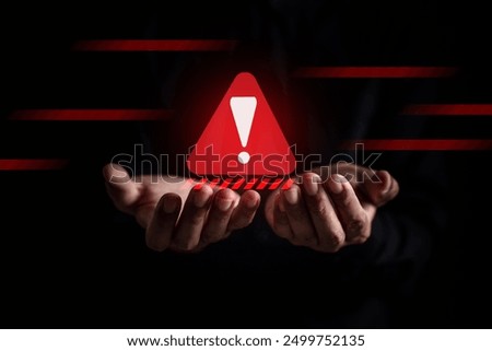 System warning caution alert, scam virus attack on firewall for notification error and maintenance. Network security vulnerability, data breach, illegal connection and information danger.