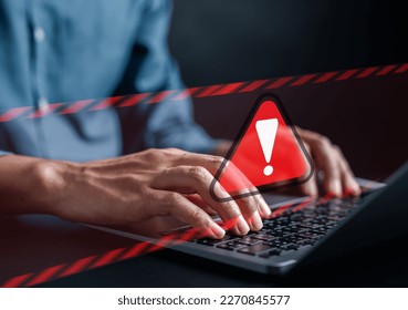 System warning caution sign for notification error and maintenance concept. cyber attack on computer network. Cybersecurity vulnerability, data breach, illegal connection, compromised information.