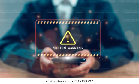 System warning caution sign for notification error and maintenance concept. cyber attack on computer network. Cybersecurity vulnerability, data breach, illegal connection, compromised information.