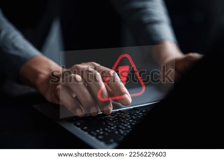 System warning caution sign for notification error and maintenance concept. cyber attack on computer network. Cybersecurity vulnerability, data breach, illegal connection, compromised information.