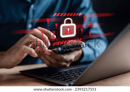System warning caution sign, scam virus attack on firewall for notification error and maintenance. Network security vulnerability, data breach, illegal connection and information danger.