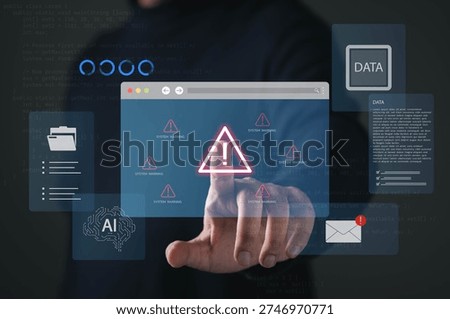 System warning cybersecurity alert with digital interface, data dashboard, AI technology, error notification, representing risk management, data protection, system monitoring, digital security control