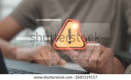 System warning and data risk alert with digital dashboard and caution icon. Suitable for IT monitoring, cybersecurity threat, error alert, risk management, and data protection solutions.