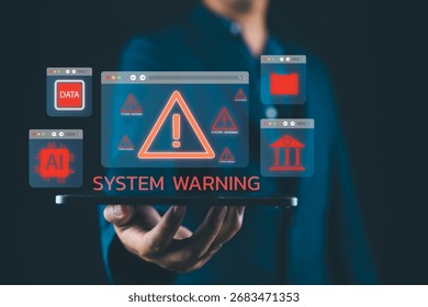 System warning and data security alert with red error cyber attack, malware risk, AI system error, hacking threat, and information protection failure.