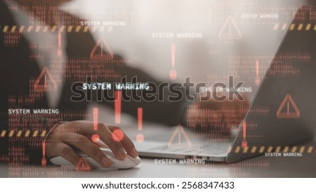 System warning error popup and maintenance showing. Operation system boot-up failure. Cybersecurity technology, system warning on hacked alerts.