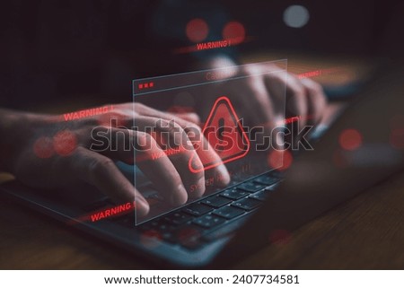 System warning hacked alert, cyberattack on computer network. Cybersecurity vulnerability, data breach, illegal connection, compromised information concept. Malicious software, virus and cybercrime.