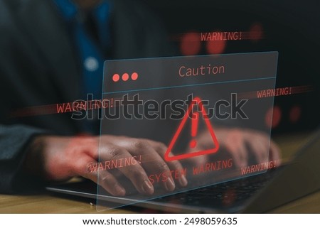 System warning hacked alert, cyberattack on computer network. Cybersecurity vulnerability, data breach, illegal connection, compromised information concept. Malicious software, virus and cybercrime.