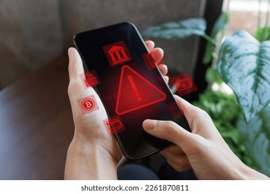 System warning hacked alert triangle caution warning, Cybersecurity, Scam Virus Spyware Malware Antivirus, Cyber attack data crypto wallet, document, internet banking, password, personal data.