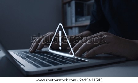 System warning hacked alert triangle caution warning, Cybersecurity, Scam Virus Spyware Malware Antivirus, Cyber attack data crypto wallet, document, internet banking, password, personal data.