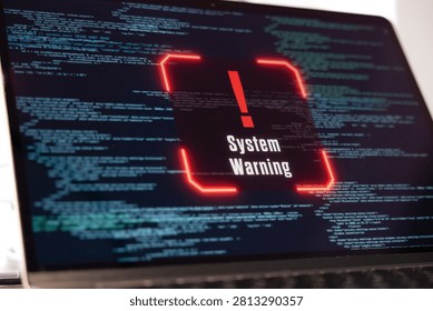 System warning on a computer screen, data, code, encryption, computer crime. Spyware, data breach, computer virus, hacker, communication problems, computer language, security, firewall.