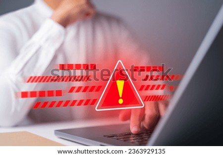 System warning triangle sign caution for error notification and maintenance concept. Cybersecurity vulnerability, network weaknesses, illegal compromised connection, cyber threat attack on computer.