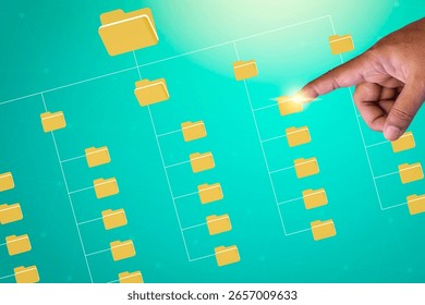 Systematic data storage for ease of use. Folder hierarchy structure and document management system DMS. Businessman managing Files on digital virtual screen space. Saving and classifying files.