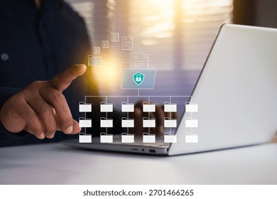 Systematic data storage for easy to use. Folder hierarchy structure and document management system DMS. Businessman using laptop computer for saving and classifying files.
