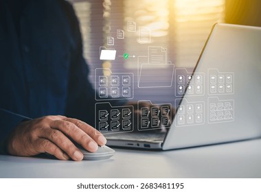 Systematic data storage, Folder hierarchy structure, Document management system DMS, Saving and classifying files, Digital file, Storage secure, Businessman selecting files on cloud and using laptop