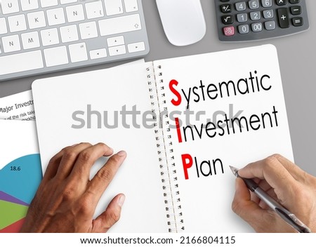 Systematic investment plan SIP is shown on the conceptual business. words typography top view lettering. Business concept and design.