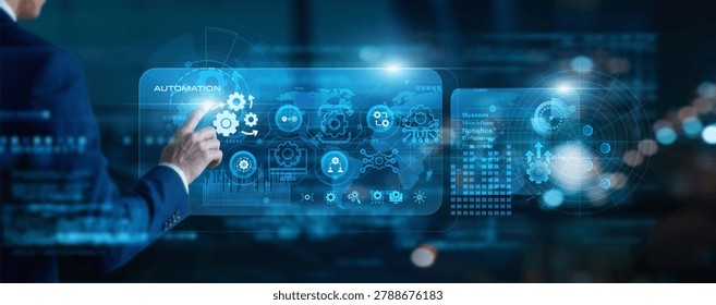 Systems designer touch virtual screen Automation. Streamlining repetitive workflows and industrial processes through smart robotics and intelligent software control systems efficiently.