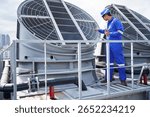 systems engineer inspects a large commercial air conditioning unit installed on a high-rise building, focusing on HVAC maintenance, efficiency, and safety in modern urban infrastructure.
