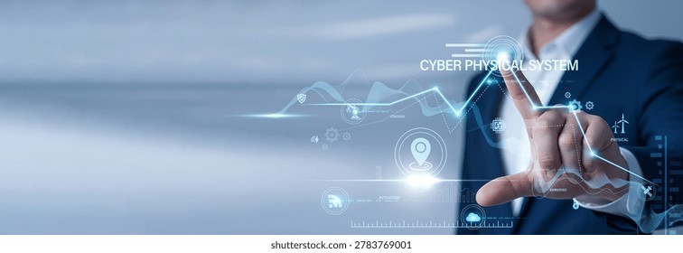 Systems engineer pointing at data network and CPS on digital interface. Cyber-Physical Systems, Internet of Things IoT integration, and smart automated industrial control networks.