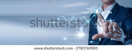 Systems engineer pointing at data network and CPS on digital interface. Cyber-Physical Systems, Internet of Things IoT integration, and smart automated industrial control networks.