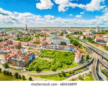Szczecin - the old town from the bird's eye view. Royal Castle and landscape of Szczecin with the horizon.