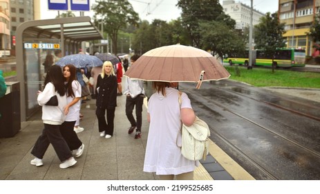  Szczecin, Poland. 29 August 2022. People With Umbrellas On A Rainy Day Outside