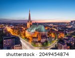 Szczecin, Poland. Aerial view of Archcathedral Basilica of St. James the Apostle at dusk