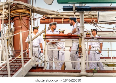 Szczecin, Poland, June 2019 Ship Crew On Beautiful Old Sailboat Juan Sebastian De Elcano At Tall Ship Races In Stettin, Moored At Chrobry Shafts Pier