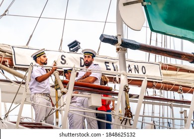 Szczecin, Poland, June 2019 Ship Crew On Beautiful Old Sailboat Juan Sebastian De Elcano At Tall Ship Races In Stettin, Moored At Chrobry Shafts Pier