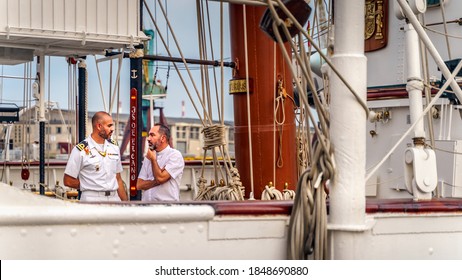 Szczecin, Poland, June 2019 Ship Crew On Beautiful Old Sailboat Juan Sebastian De Elcano At Tall Ship Races In Stettin, Moored At Chrobry Shafts Pier