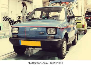 SZCZECIN, POLAND - May 31, 2016: the car Fiat 126p produced in Italy from 1972–1980 and in Poland from 1973 - 2000 in Museum of Technology and Communication in Szczecin; vintage filter effect 