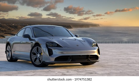 Szczecin, Poland-April 2021:Electric Porsche Taycan Turbo S 