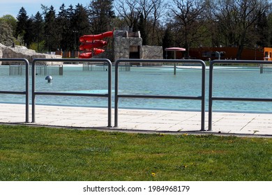 Szczecin, Poland,May  12, 2021 . Pool Complex Arkonka . Empty Water Park With A Pool And Slides On A Forest Background