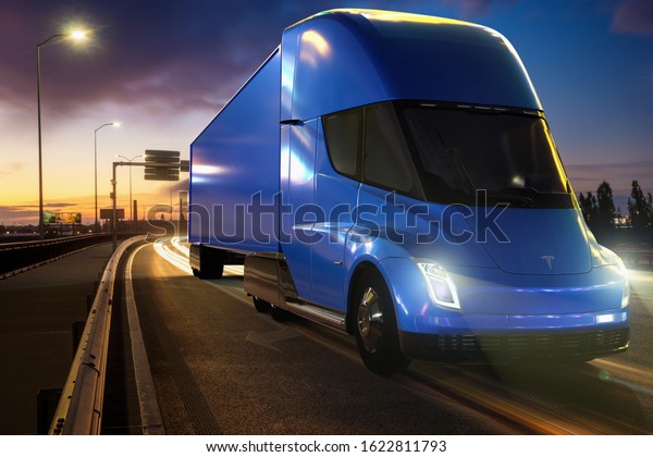 Szczecin,Poland-January 20120:Tesla Semi
Truck: Electric truck,3d
illustration.