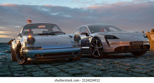 Szczecin,Poland-January 2022:Electric Porsche Taycan and classic 911 together.The past and future of the Porsche brand