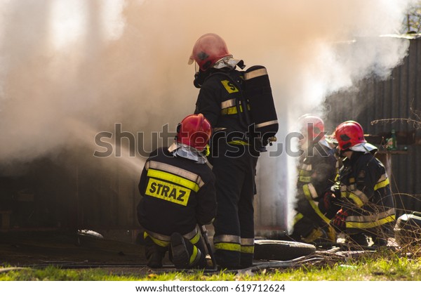 Szczecin,Poland-March 2017:Fire\
garages, action fire extinguishing by the service: fire brigade and\
Police