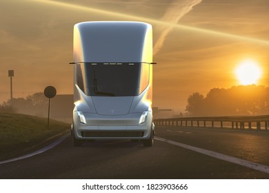 Szczecin,Poland-September 2020:Tesla's New Electric Semi Truck On The Highway