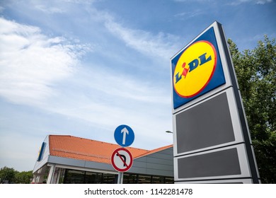 SZEGED, HUNGARY - JULY 4, 2018: Logo of a Lidl Supermarket in Szeged, Hungary. Lidl is a German global discount supermarket chain spread all accross Europe

