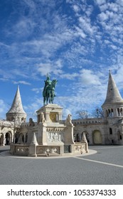 Szent Istvan Statue At Fishermans Bastion In Budapest With Blue Sky