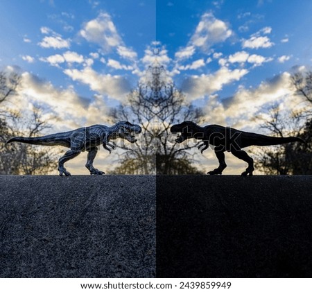 
T Rex Dinosaur monstrous animal with sharp teeth standing on concrete wall