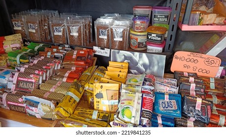 Tabanan Bali, Indonesia - 22th October 2022 : Assorted Packs Of Branded Tobacco With Warning Labels, Price Tag On Display For Sell At Local Shop