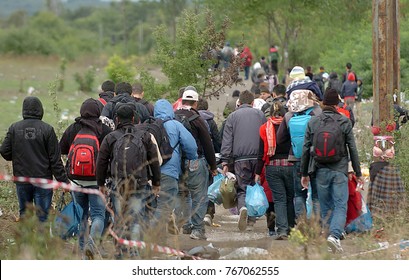 TABANOVCE, MACEDONIA: SEPTEMBER 29, 2015: Immigrants And Refugees From Middle East And North Africa Crossing Macedonian-Serbian Border.