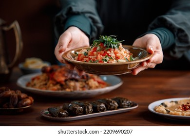 Tabbouleh Vegetable Salad close-up, middle eastern national traditional food. Muslim family dinner, Ramadan, iftar. Arabian cuisine. - Shutterstock ID 2209690207