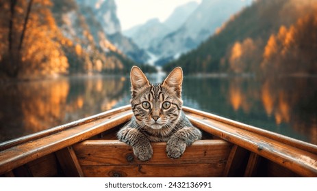 Tabby Cat Adventuring in a Wooden Boat on a Scenic Autumn Lake - Powered by Shutterstock