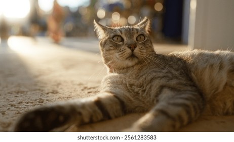 Tabby cat lounging outdoors on sunlit pavement with blurred background