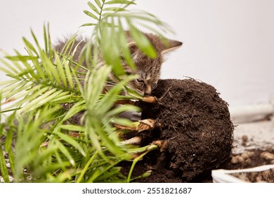 A tabby kitten closely inspects the roots and soil of an uprooted plant from a broken pot. Partially hidden by green leaves, the curious kitten explores the mess in a cozy indoor setting - Powered by Shutterstock