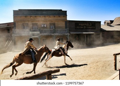 Tabernas, Almeria, Spain- September 23, 2018: Actors performing a show in a village of the Far West in the desert of Tabernas, Almeria, Spain