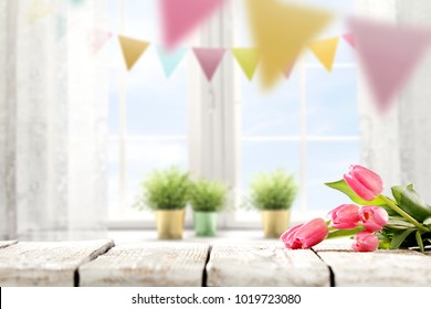 Table Background Of Easter Time And Free Space For Your Decoration. 