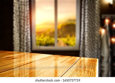 Table Background Of Free Space And Blurred Spring Window In Home Interior 