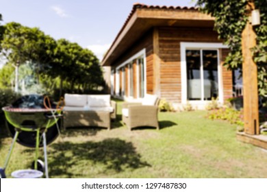 Table Background Of Free Space And Grill Time In Garden. Spring Background Of Wooden Home And Terrace. 