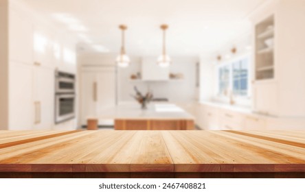 Table background of free space and kitchen interior.White wall with shadows and sunny warm morning time.Copy space for your composition, Easter table with spring flowers in a sunny April kitchen.